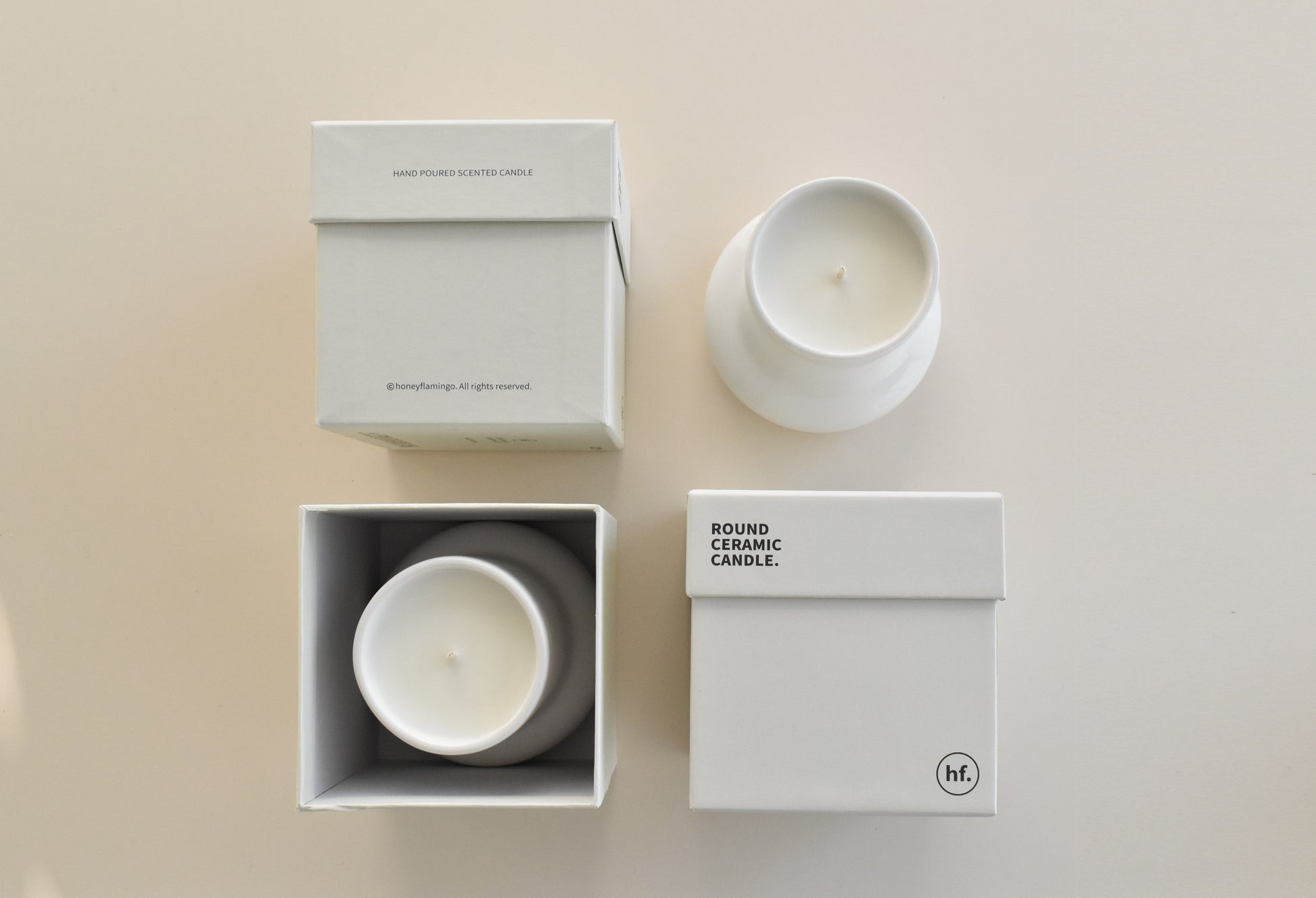 Round ceramic candle with packaging on a light background，Honey Flamingo，韓國設計品牌，天然大豆香氛蠟燭