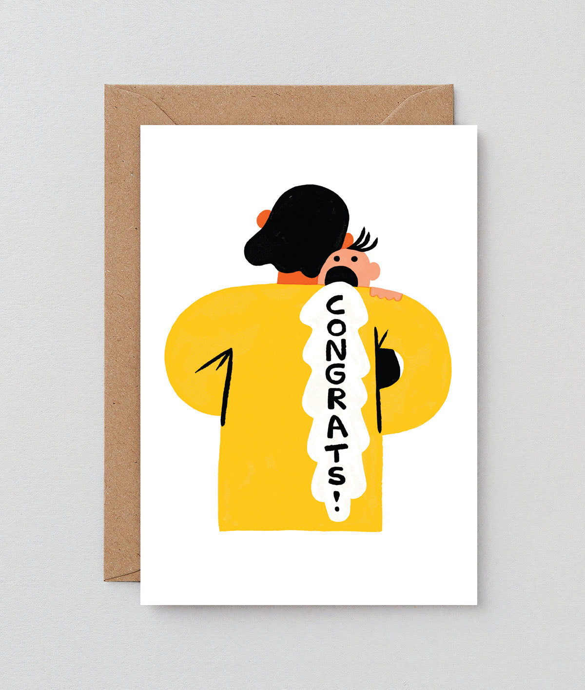 Wrap 英國插畫品牌卡片，白色卡片搭配幽默寶寶插畫 congrats，適合寶寶出生慶祝使用