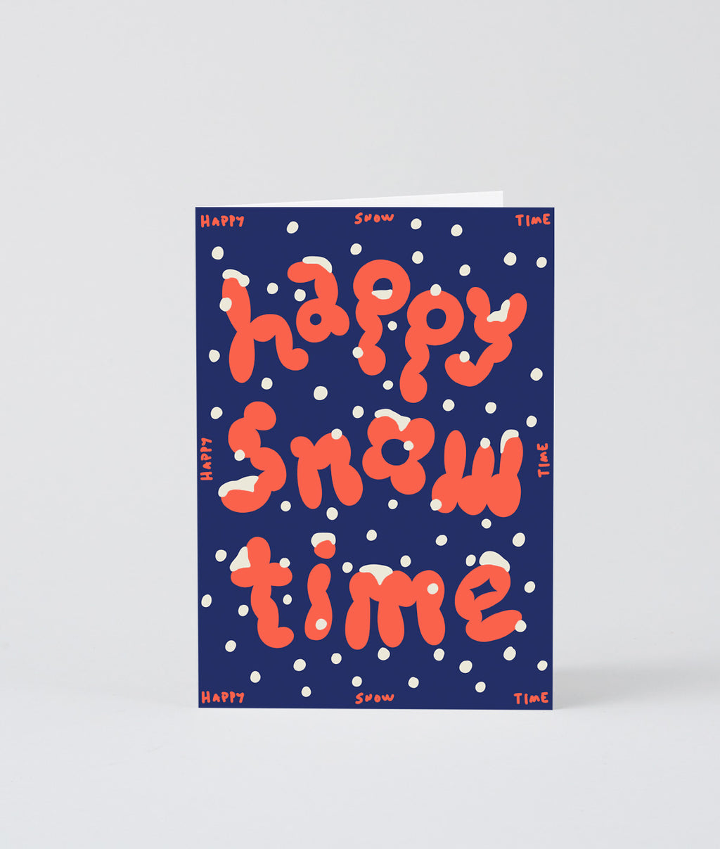 Wrap 英國插畫品牌卡片，藍色底搭配橘色氣泡字happy snow time，適合聖誕節慶祝使用