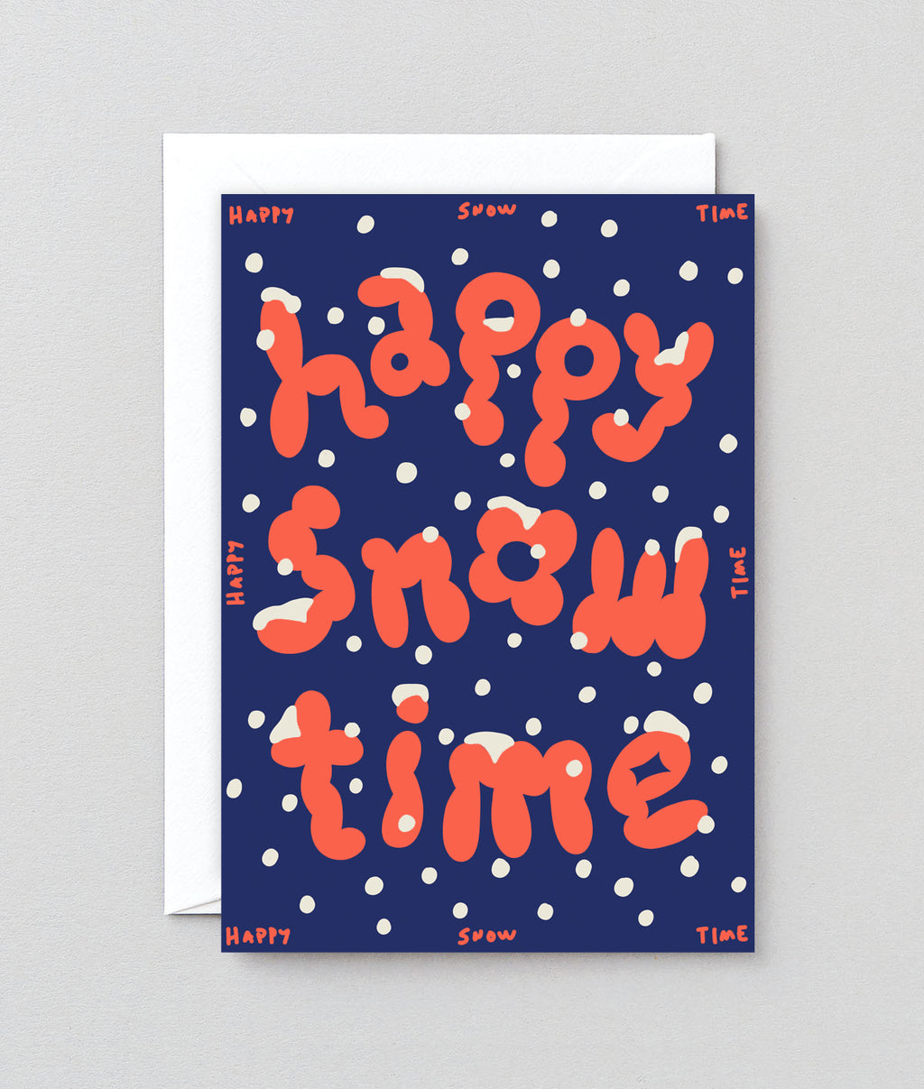 Wrap 英國插畫品牌卡片，藍色底搭配橘色氣泡字happy snow time，適合聖誕節慶祝使用
