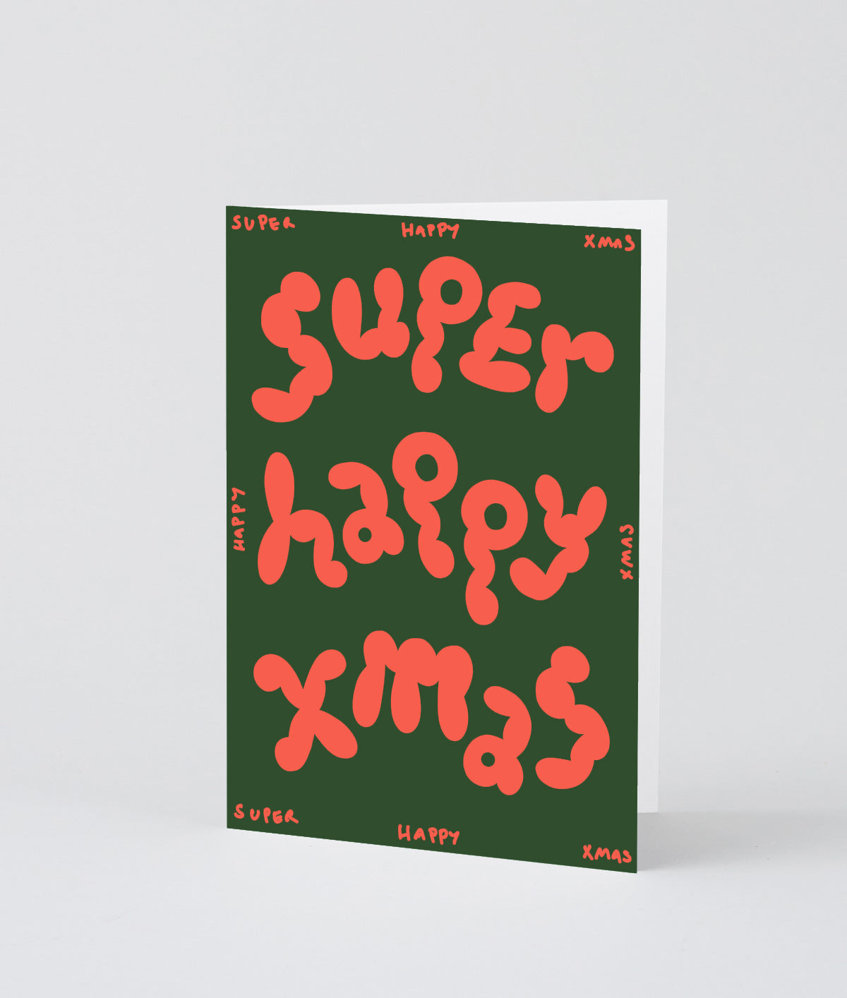 Wrap 英國插畫品牌卡片，綠色底搭配橘色氣泡字super happy xmas，適合聖誕節慶祝使用
